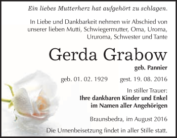 Traueranzeige von Gerda Grabow von WVG - Wochenspiegel Merseburg