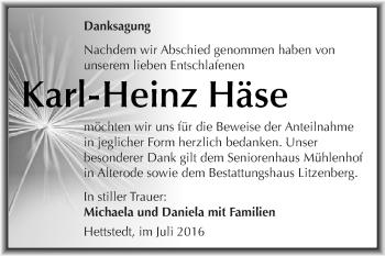 Traueranzeige von Karl-Heinz Häse von Wochenspiegel Mansfelder Land