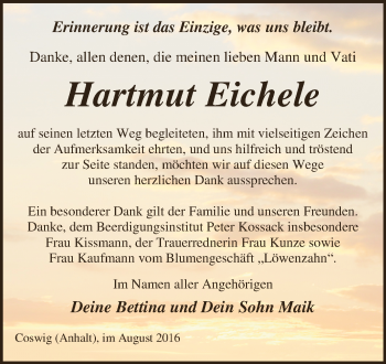 Traueranzeige von Hartmut Eichele von WVG - Wochenspiegel Dessau / Köthen