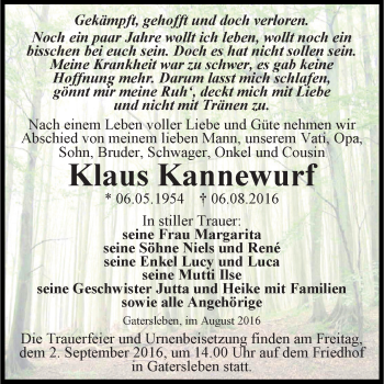 Traueranzeige von Klaus Kannewurf von Super Sonntag Aschersleben