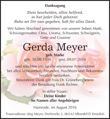 Traueranzeige von Gerda Meyer von Mitteldeutsche Zeitung Sangerhausen
