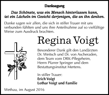 Traueranzeige von Regina Voigt von Mitteldeutsche Zeitung Naumburg/Nebra