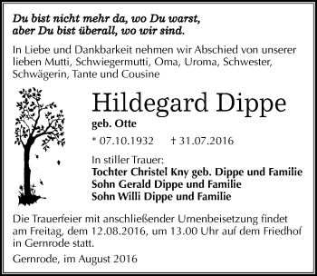 Traueranzeige von Hildegard Dippe von Mitteldeutsche Zeitung Quedlinburg
