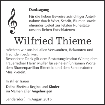 Traueranzeige von Wilfried Thieme von WVG - Wochenspiegel Bitterfeld