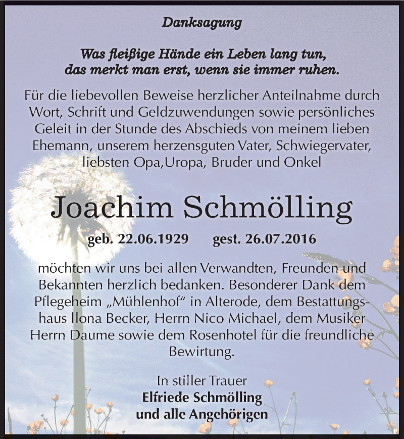  Traueranzeige für Joachim Schmölling vom 27.08.2016 aus Mitteldeutsche Zeitung Sangerhausen