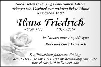 Traueranzeige von Hans Friedrich von WVG - Wochenspiegel Dessau / Köthen