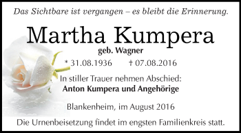 Traueranzeige von Martha Kumpera von Super Sonntag SGH Mansf. Land