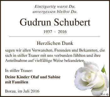 Traueranzeige von Gudrun Schubert von WVG - Wochenspiegel NMB / WSF / ZTZ