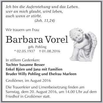 Traueranzeige von Barbara Vorel von Wochenspiegel Mansfelder Land