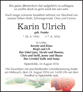Traueranzeige von Karin Ulrich von WVG - Wochenspiegel Quedlinburg