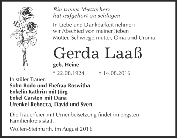 Traueranzeige von Gerda Laaß von WVG - Wochenspiegel Bitterfeld