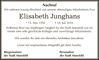Traueranzeige von Elisabeth Junghans von Wochenspiegel Mansfelder Land