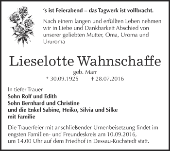 Traueranzeige von Lieselotte Wahnschaffe von WVG - Wochenspiegel Dessau / Köthen
