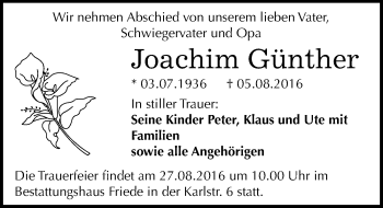 Traueranzeige von Joachim Günther von Mitteldeutsche Zeitung Dessau-Roßlau