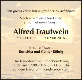 Traueranzeige von Alfred Trautwein von Mitteldeutsche Zeitung Bitterfeld