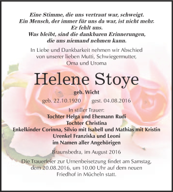 Traueranzeige von Helene Stoye von WVG - Wochenspiegel Merseburg