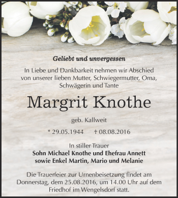 Traueranzeige von Margrit Knothe von WVG - Wochenspiegel NMB / WSF / ZTZ