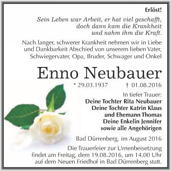 Traueranzeige von Enno Neubauer von Super Sonntag Merseburg