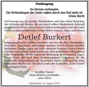 Traueranzeige von Detlef Burkert von Mitteldeutsche Zeitung Mansfelder Land