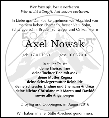 Traueranzeige von Axel Nowak von Mitteldeutsche Zeitung Zeitz