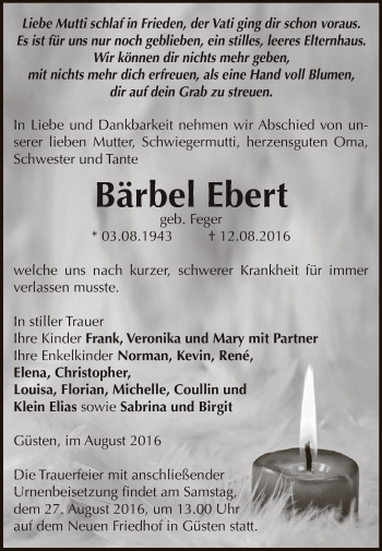 Traueranzeige von Bärbel Ebert von Super Sonntag Bernburg