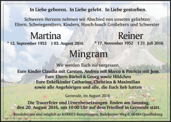 Traueranzeige von Reiner Mingram von Mitteldeutsche Zeitung Quedlinburg