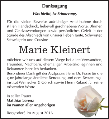Traueranzeige von Marie Kleinert von Mitteldeutsche Zeitung Bernburg