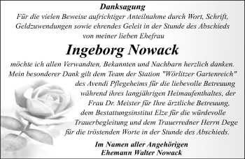 Traueranzeige von Ingeborg Nowack von Mitteldeutsche Zeitung Dessau-Roßlau