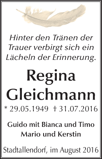 Traueranzeige von Regina Gleichmann von Mitteldeutsche Zeitung Wittenberg