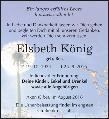 Traueranzeige von Elsbeth König von Mitteldeutsche Zeitung Köthen