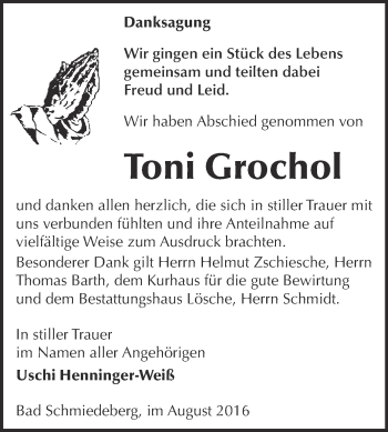 Traueranzeige von Toni Grochol von WVG - Wochenspiegel Wittenberg