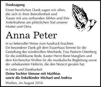 Traueranzeige von Anna Peter von Mitteldeutsche Zeitung Bitterfeld