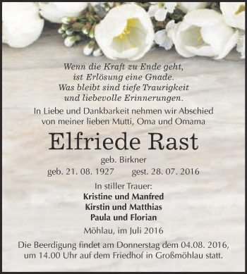 Traueranzeige von Elfriede Rast von WVG - Wochenspiegel Wittenberg