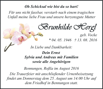 Traueranzeige von Brunhilde Hergl von Mitteldeutsche Zeitung Sangerhausen
