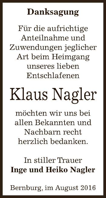 Traueranzeige von Klaus Nagler von Super Sonntag Bernburg