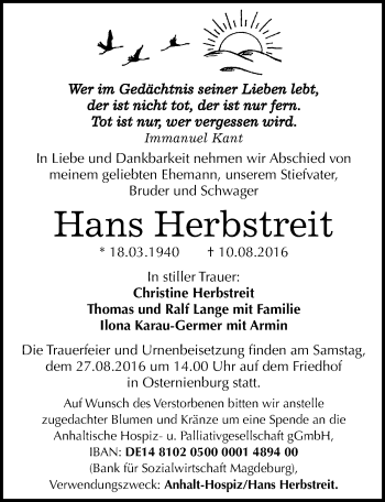 Traueranzeige von Hans Herbstreit von Mitteldeutsche Zeitung Köthen