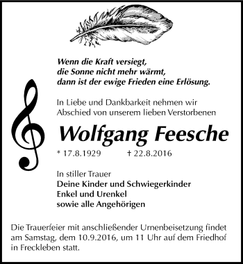 Traueranzeige von Wolfgang Feesche von Mitteldeutsche Zeitung Aschersleben