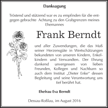 Traueranzeige von Frank Berndt von WVG - Wochenspiegel Dessau / Köthen