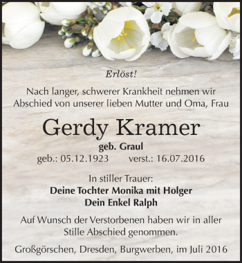 Traueranzeige von Gerdy Kramer von Mitteldeutsche Zeitung Weißenfels