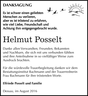 Traueranzeige von Helmut Posselt von Mitteldeutsche Zeitung Dessau-Roßlau