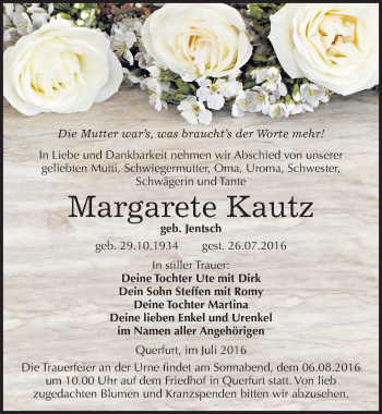 Traueranzeige von Margarete Kautz von Mitteldeutsche Zeitung Merseburg/Querfurt