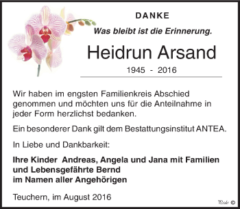 Traueranzeige von Heidrun Arsand von Mitteldeutsche Zeitung Weißenfels