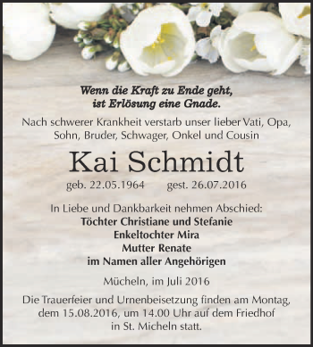 Traueranzeige von Kai Schmidt von WVG - Wochenspiegel Merseburg