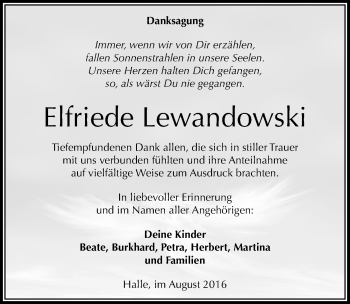 Traueranzeige von Elfriede Lewandowski von Mitteldeutsche Zeitung Halle/Saalkreis