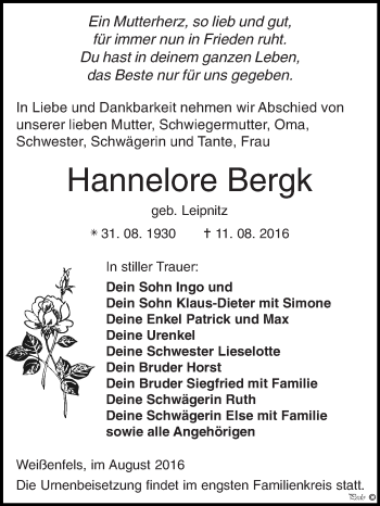 Traueranzeige von Hannelore Bergk von WVG - Wochenspiegel NMB / WSF / ZTZ