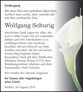 Traueranzeige von Wolfgang Schurig von WVG - Wochenspiegel Wittenberg