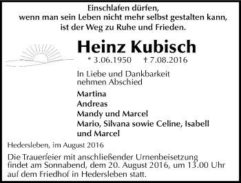Traueranzeige von Heinz Kubisch von Mitteldeutsche Zeitung Quedlinburg