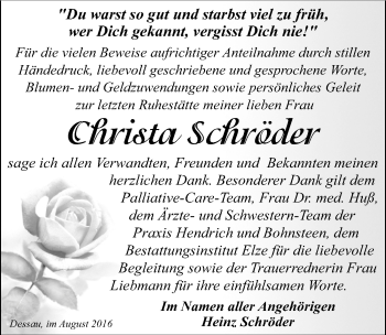 Traueranzeige von Christa Schröder von Mitteldeutsche Zeitung Dessau-Roßlau