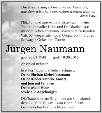 Traueranzeige von Jürgen Naumann von WVG - Wochenspiegel Merseburg