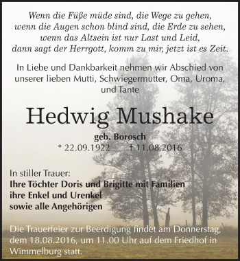 Traueranzeige von Hedwig Mushake von Mitteldeutsche Zeitung Mansfelder Land